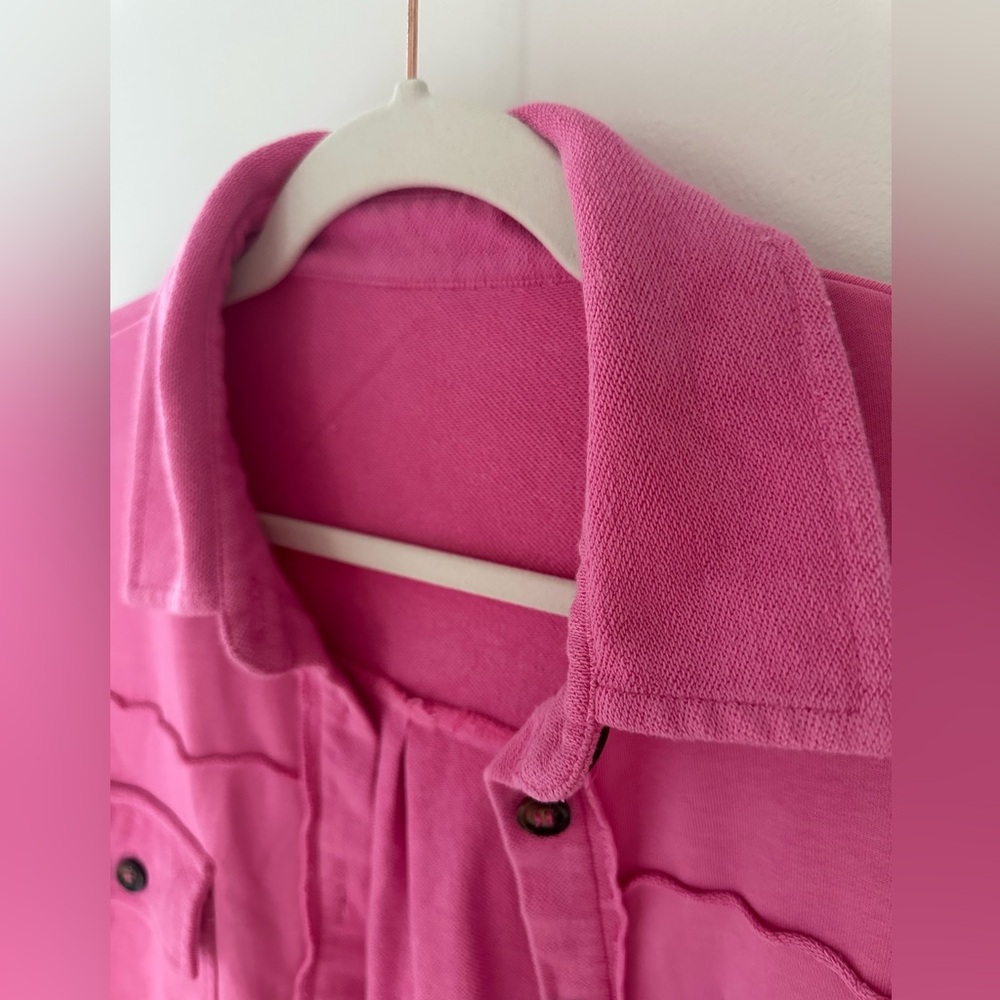 Pink Oversized Button-Up Distressed Shirt Jacket/ Shacket - Picture 4 of 9